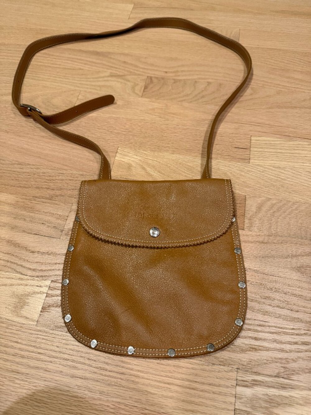 Longchamp Tan Leather Studded Flap Crossbody Bag